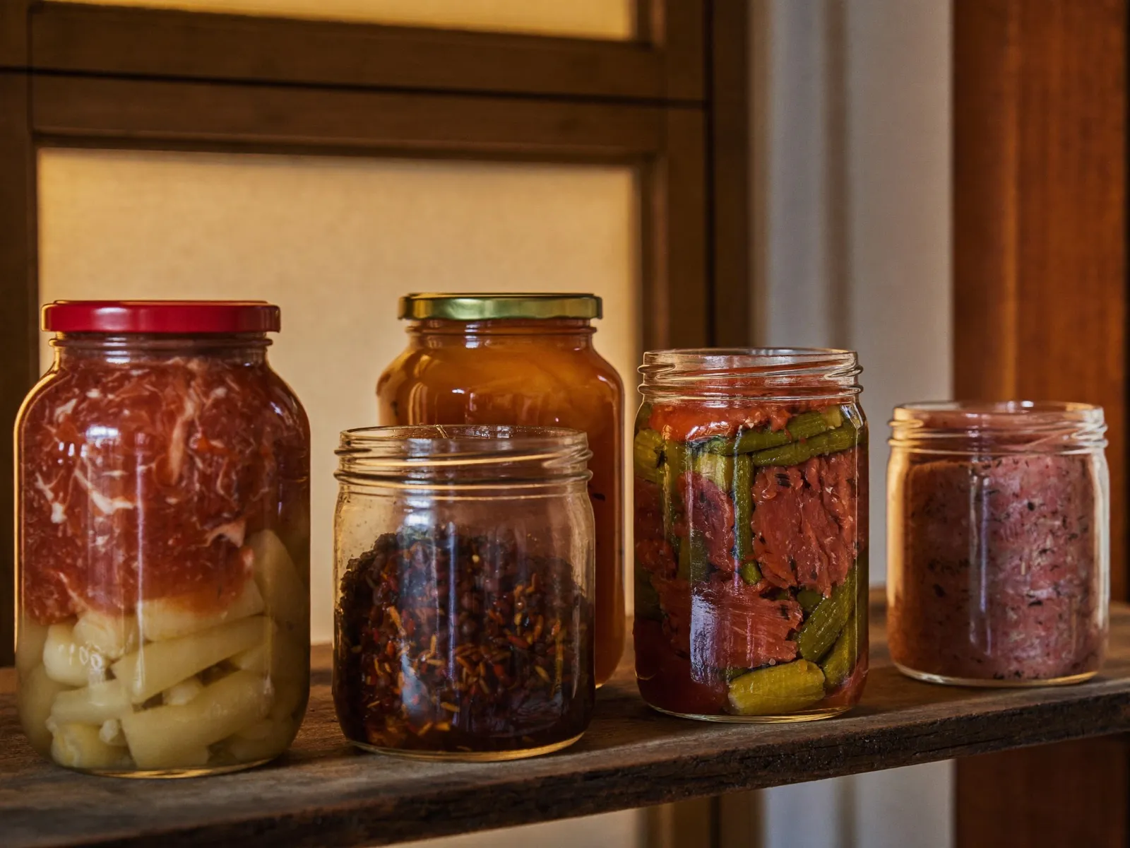 Spezialitäten im Glas auf rustikalem Regal